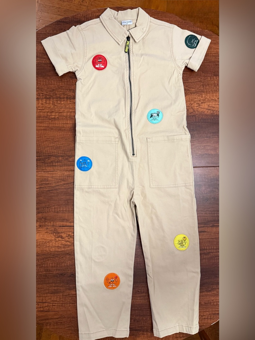 Beige Kids Short-Sleeve Utility/mechanic Jumpsuit with Colorful Badge Accents